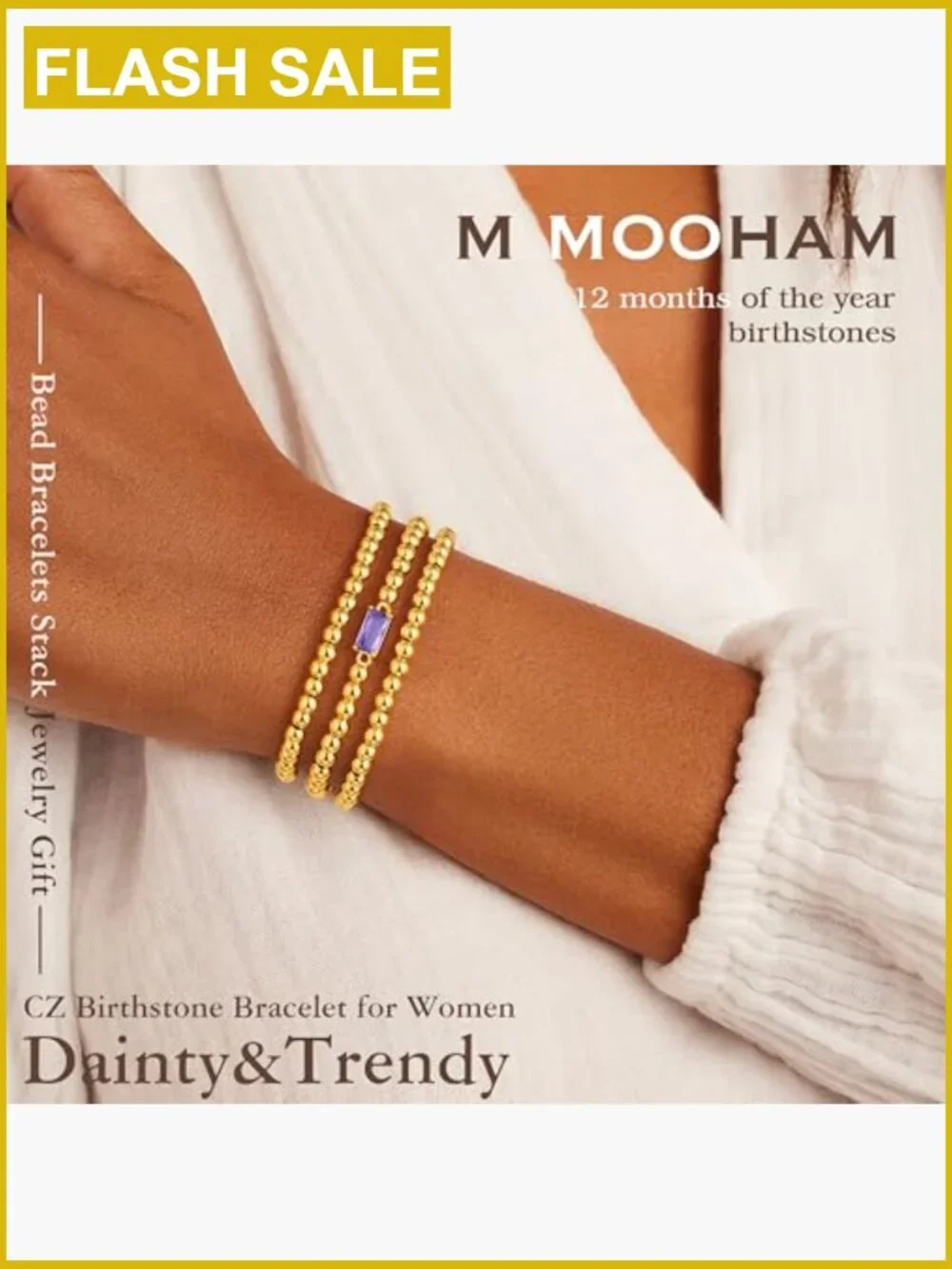 Layered Birthstone Stretch Bracelet Set Gold Plated CZ Dainty
